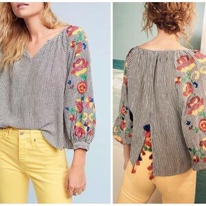 Anthropologie Floreat Soleil embroidered tassel blouse